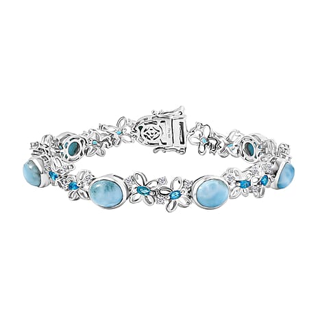 D'joy Larimar, White Zircon & Neon Apatite Cluster Wings of the Sea Bracelet (Size - 7.5) in Rhodium Overlay Sterling Silver 18.55 Ct.