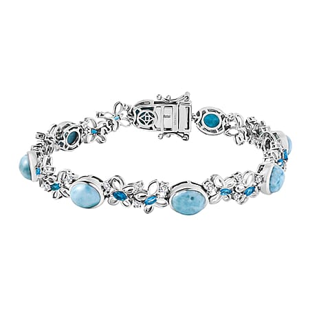 D'joy Larimar, White Zircon & Neon Apatite Cluster Wings of the Sea Bracelet (Size - 8) in Rhodium Overlay Sterling Silver 20.85 Ct.