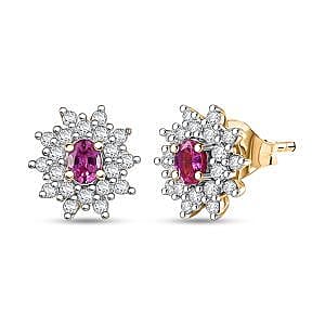 Natural Unheated Ruby & White Zircon Push Back Earrings in 18K Vermeil Yellow Gold Plated Sterling Silver 1.09 Ct.