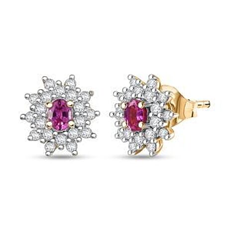 Natural Unheated Ruby & White Zircon Push Back Earrings in 18K Vermeil Yellow Gold Plated Sterling Silver 1.09 Ct.