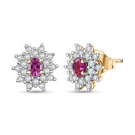 Natural Unheated Ruby, White Zircon Floral Halo Earrings in 18K Vermeil Yellow Gold Over Sterling Silver 1.09 Ct. Natural Unheated Ruby, White Zircon Floral Halo Earrings in 18K Vermeil Yellow Gold Over Sterling Silver 1.09 Ct.