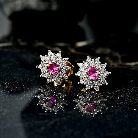 Natural Unheated Ruby & White Zircon Push Back Earrings in 18K Vermeil Yellow Gold Plated Sterling Silver 1.09 Ct.