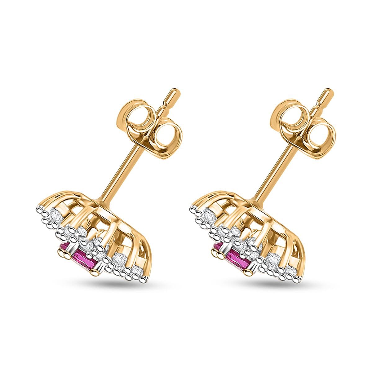 Natural Unheated Ruby & White Zircon Push Back Earrings in 18K Vermeil Yellow Gold Plated Sterling Silver 1.09 Ct.