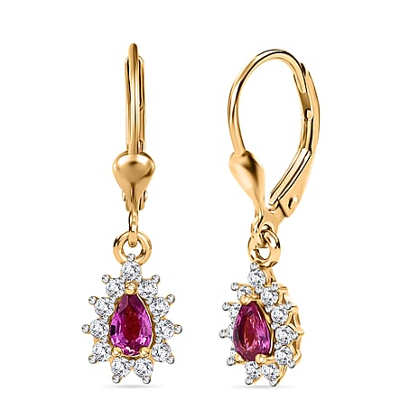 Ruby & White Zircon Solitaire Lever Back Earring in 18K Vermeil Yellow Gold Plated Sterling Silver 1.01 Ct.
