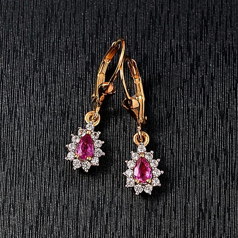 Ruby & White Zircon Solitaire Lever Back Earring in 18K Vermeil Yellow Gold Plated Sterling Silver 1.01 Ct.