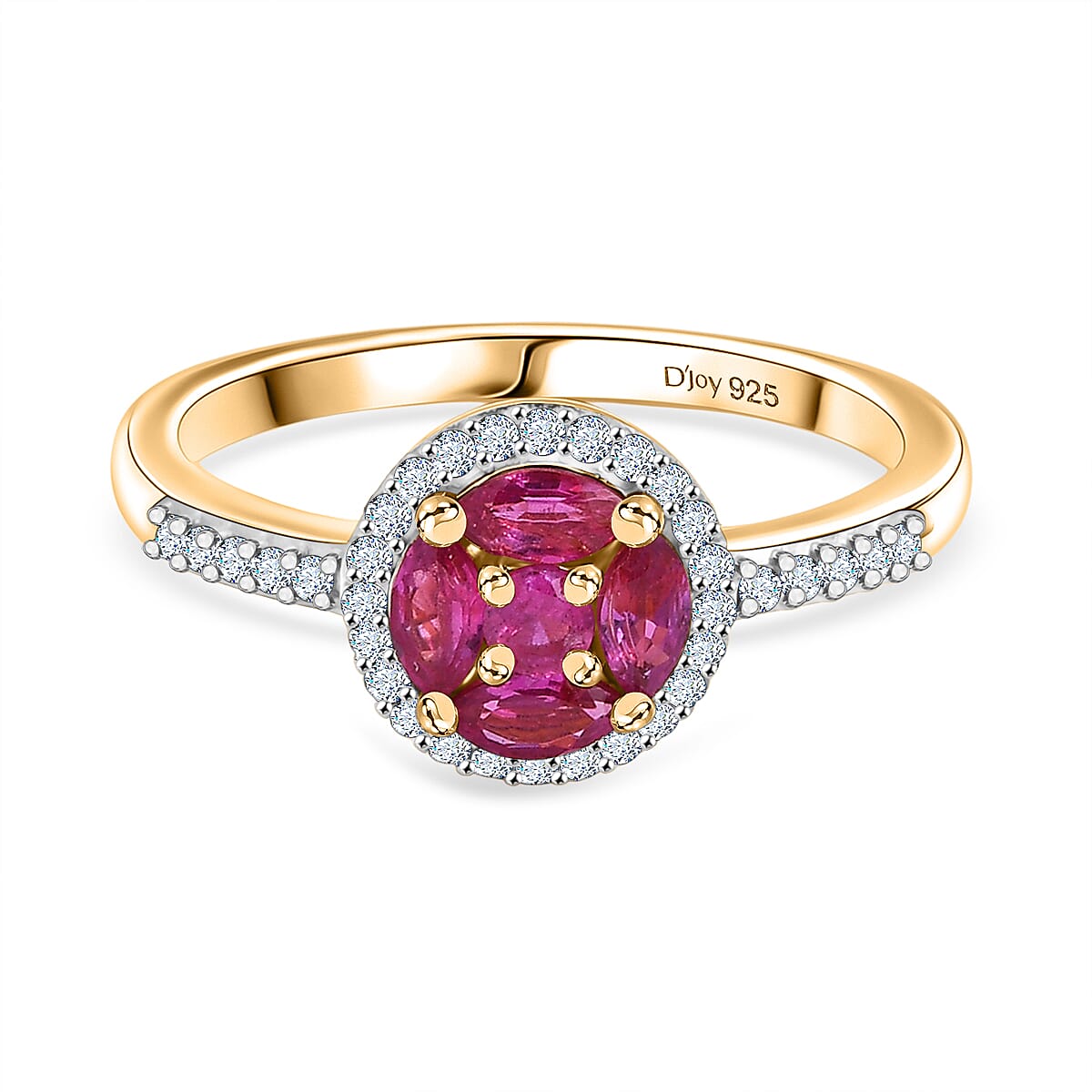 Natural Unheated Ruby & White Zircon Ring in 18K Vermeil Yellow Gold Plated Sterling Silver