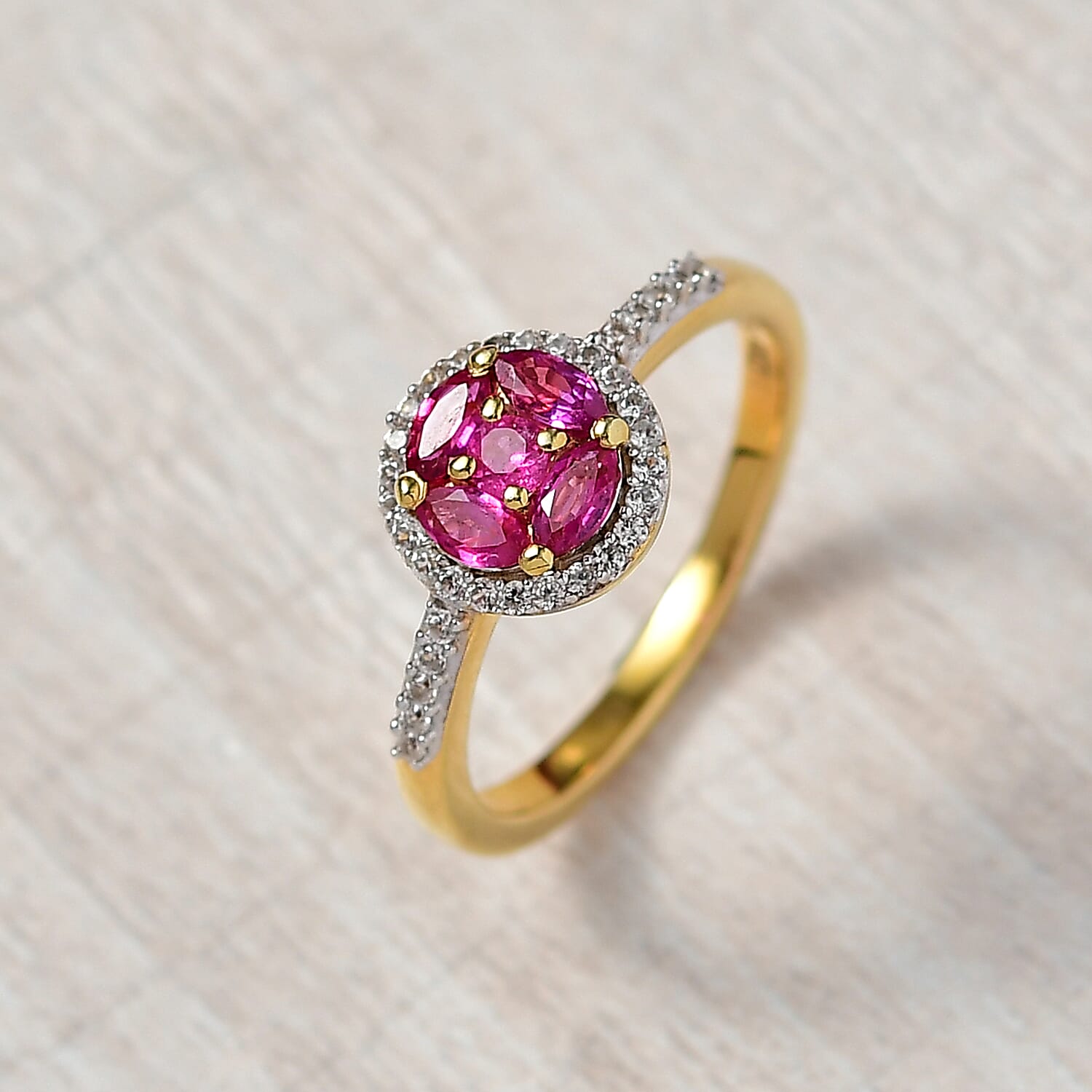 Natural Unheated Ruby & White Zircon Ring in 18K Vermeil Yellow Gold Plated Sterling Silver