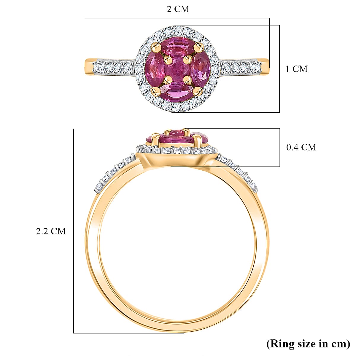 Natural Unheated Ruby & White Zircon Ring in 18K Vermeil Yellow Gold Plated Sterling Silver