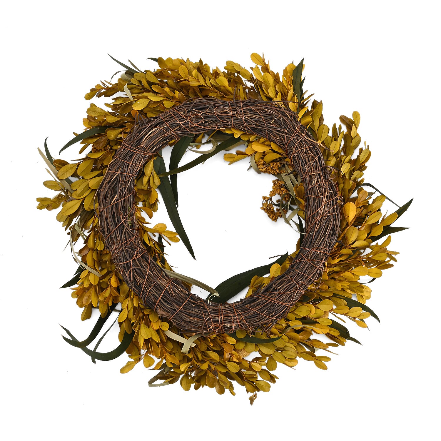 Natural Leaf Autumnal Wreath Decoration (36cm) - Green - Yellow