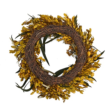 Natural Leaf Autumnal Wreath Decoration (36cm) - Green - Yellow