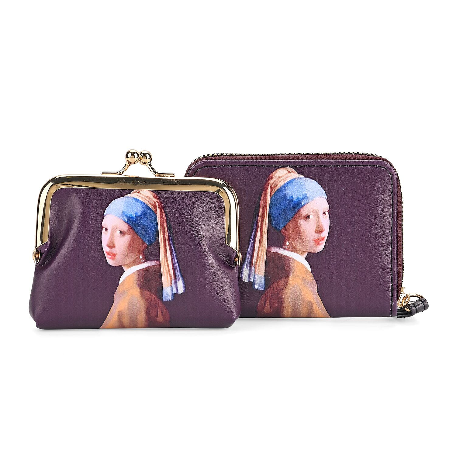 Girl with a Pearl Earring Print RFID Wallet - Dark Purple