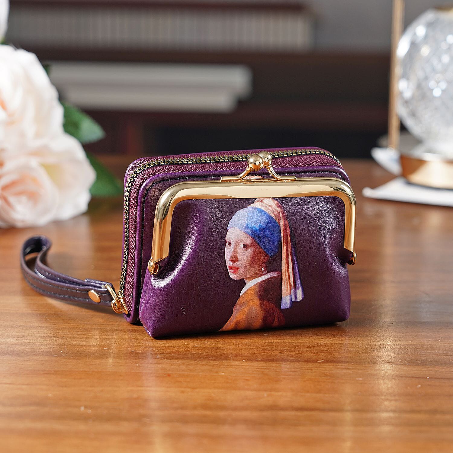 Girl with a Pearl Earring Print RFID Wallet - Dark Purple
