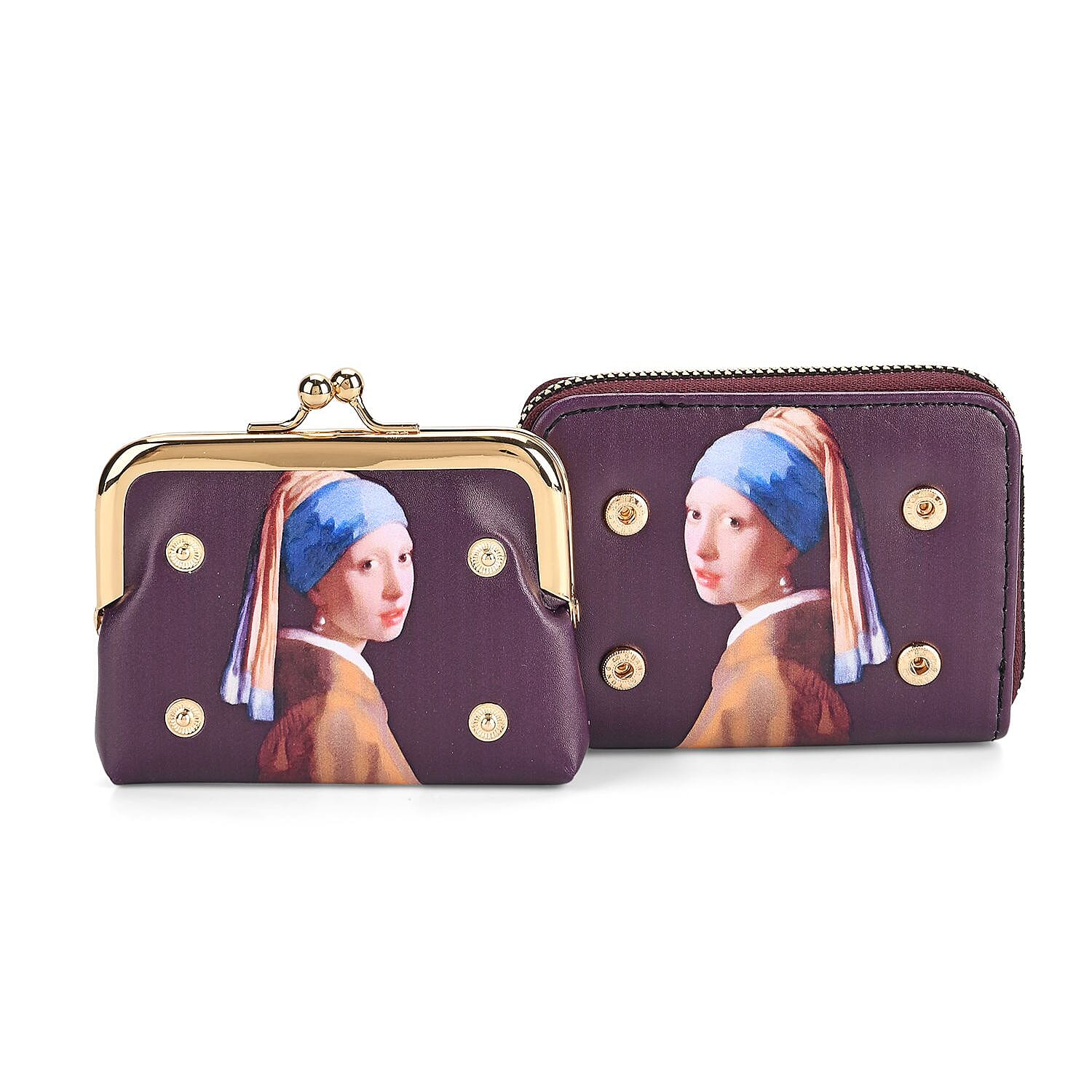 Girl with a Pearl Earring Print RFID Wallet - Dark Purple