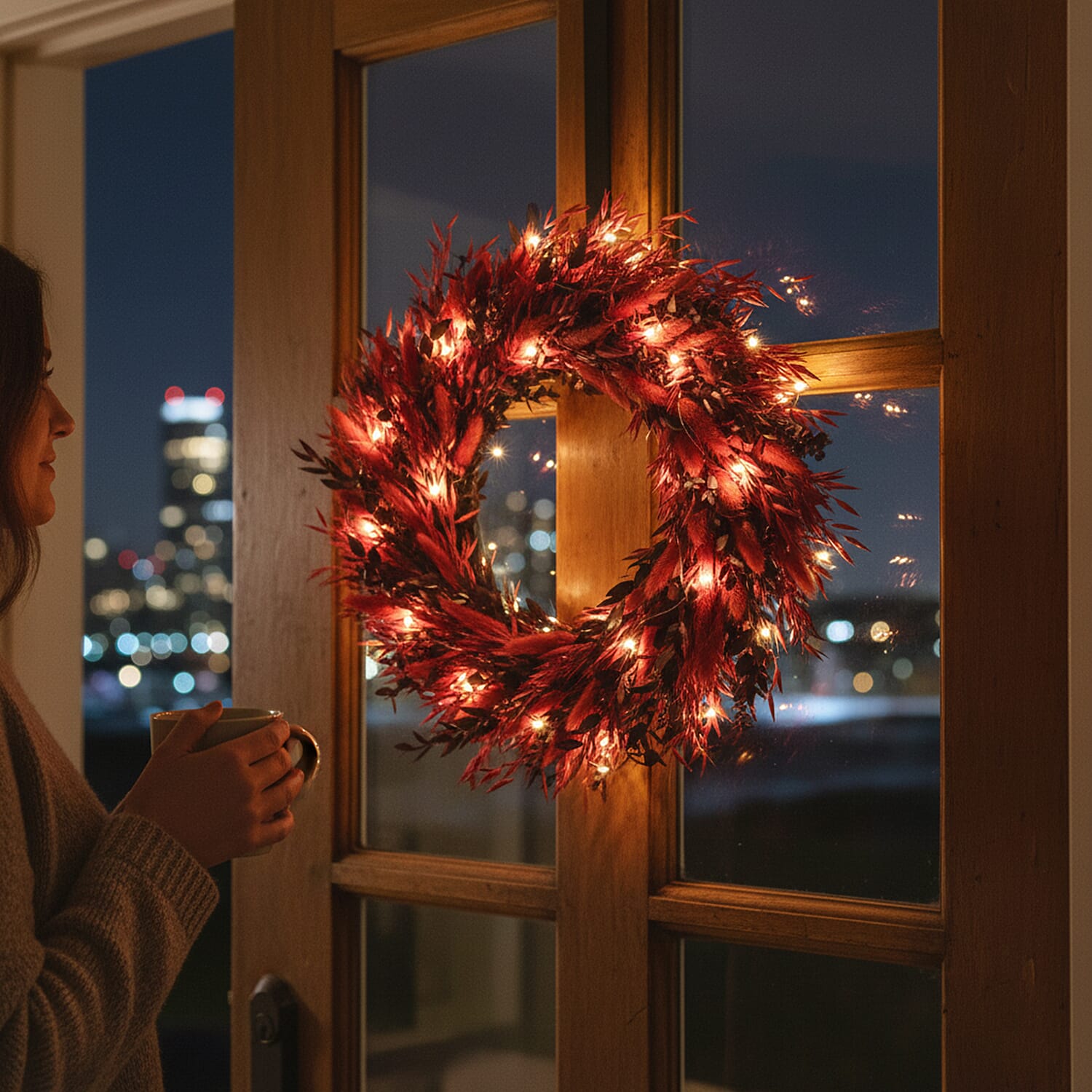 Natural Dried Plant Wreath with LED Light (One Size) - Red & Multicolour