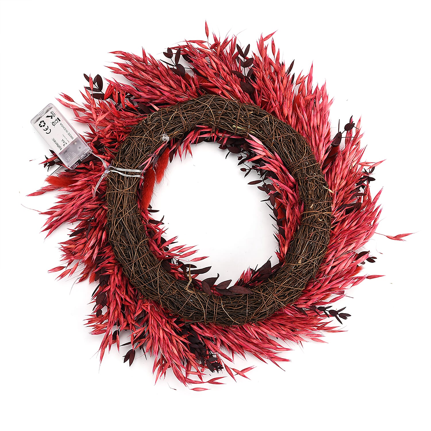 Natural Dried Plant Wreath with LED Light (One Size) - Red & Multicolour