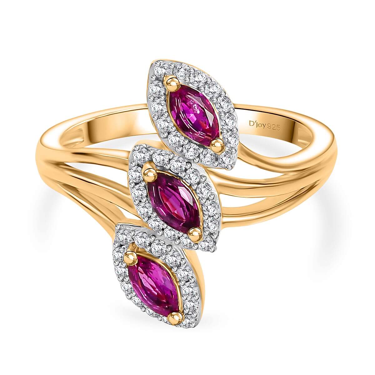 Natural Unheated Ruby & White Zircon Ring in 18K Vermeil Yellow Gold Plated Sterling Silver