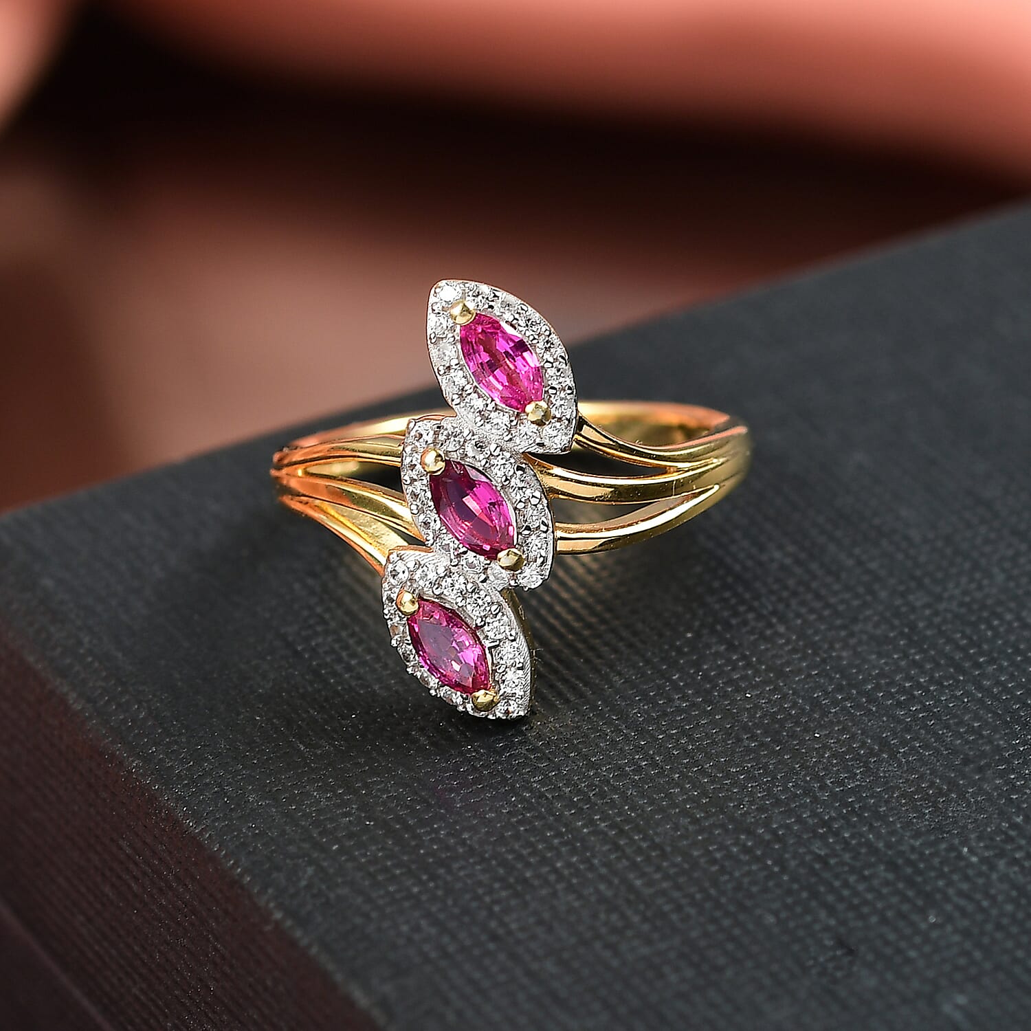 Natural Unheated Ruby & White Zircon Ring in 18K Vermeil Yellow Gold Plated Sterling Silver