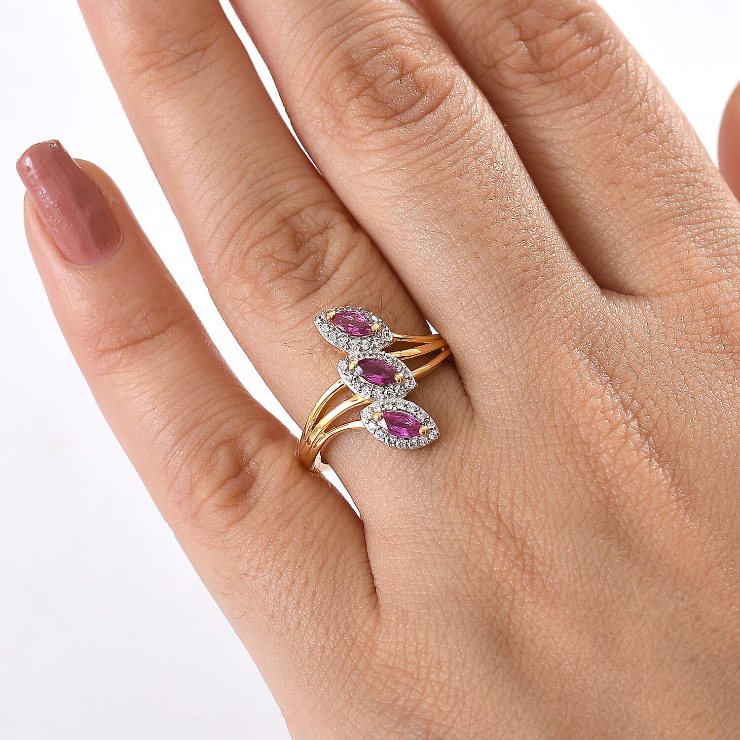 Natural Unheated Ruby & White Zircon Ring in 18K Vermeil Yellow Gold Plated Sterling Silver