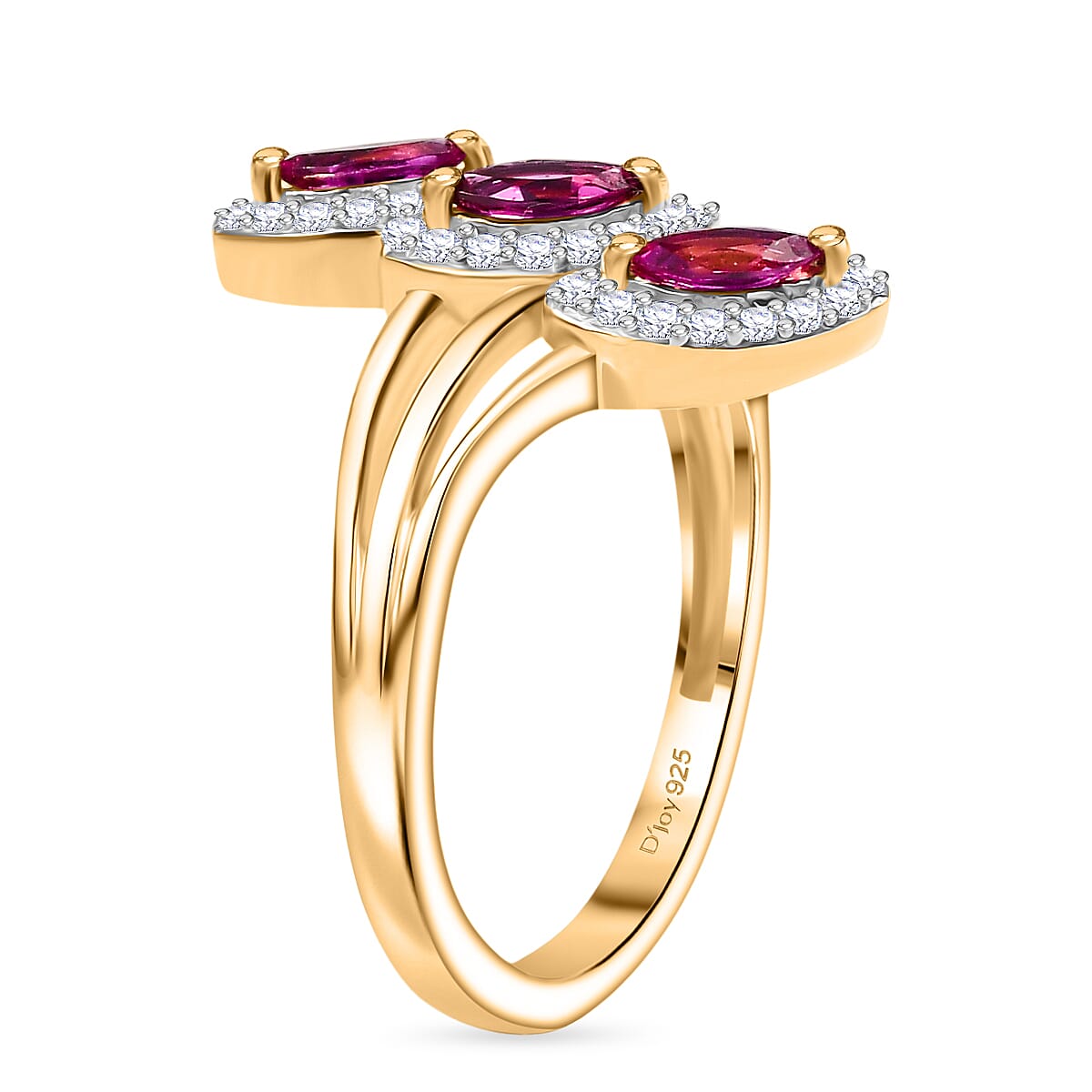 Natural Unheated Ruby & White Zircon Ring in 18K Vermeil Yellow Gold Plated Sterling Silver