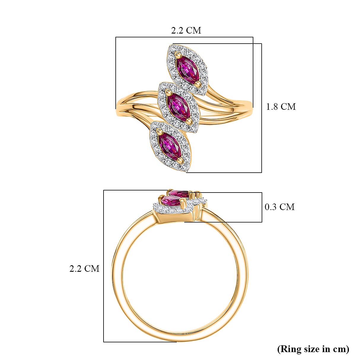 Natural Unheated Ruby & White Zircon Ring in 18K Vermeil Yellow Gold Plated Sterling Silver