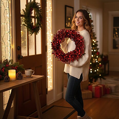 Pre-Lit Christmas Wreath with 12 Warm LEDs (35 cm) - Red Berry
