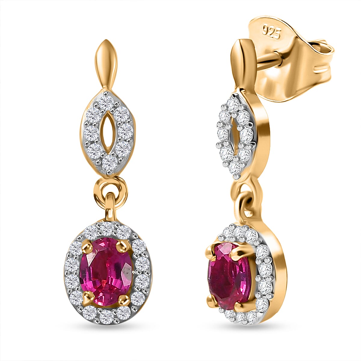Natural Unheated Ruby & White Zircon Push Back Earring in 18K Vermeil Yellow Gold Plated Sterling Silver