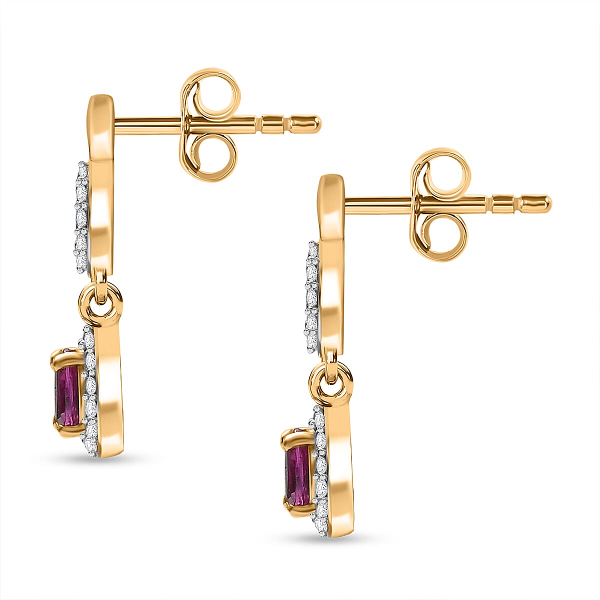 Natural Unheated Ruby & White Zircon Push Back Earring in 18K Vermeil Yellow Gold Plated Sterling Silver