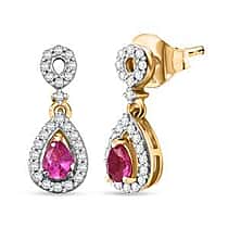 Natural Unheated Ruby, White Zircon Halo Drop Earring in 18K Vermeil Yellow Gold Over Sterling Silver 0.85 Ct.