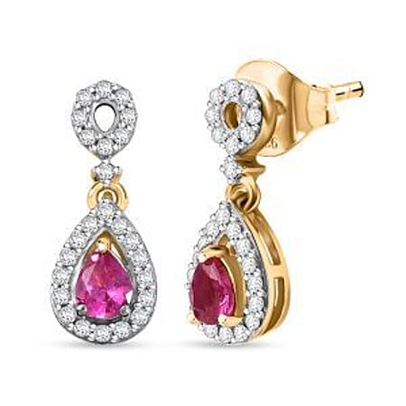 Natural Unheated Ruby, White Zircon Halo Drop Earring in 18K Vermeil Yellow Gold Over Sterling Silver 0.85 Ct.