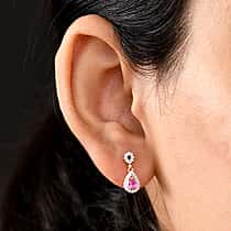 Natural Unheated Ruby, White Zircon Halo Drop Earring in 18K Vermeil Yellow Gold Over Sterling Silver 0.85 Ct.