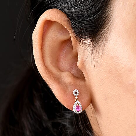 Natural Unheated Ruby & White Zircon Dangling Push Back Earring in 18K Vermeil Yellow Gold Plated Sterling Silver