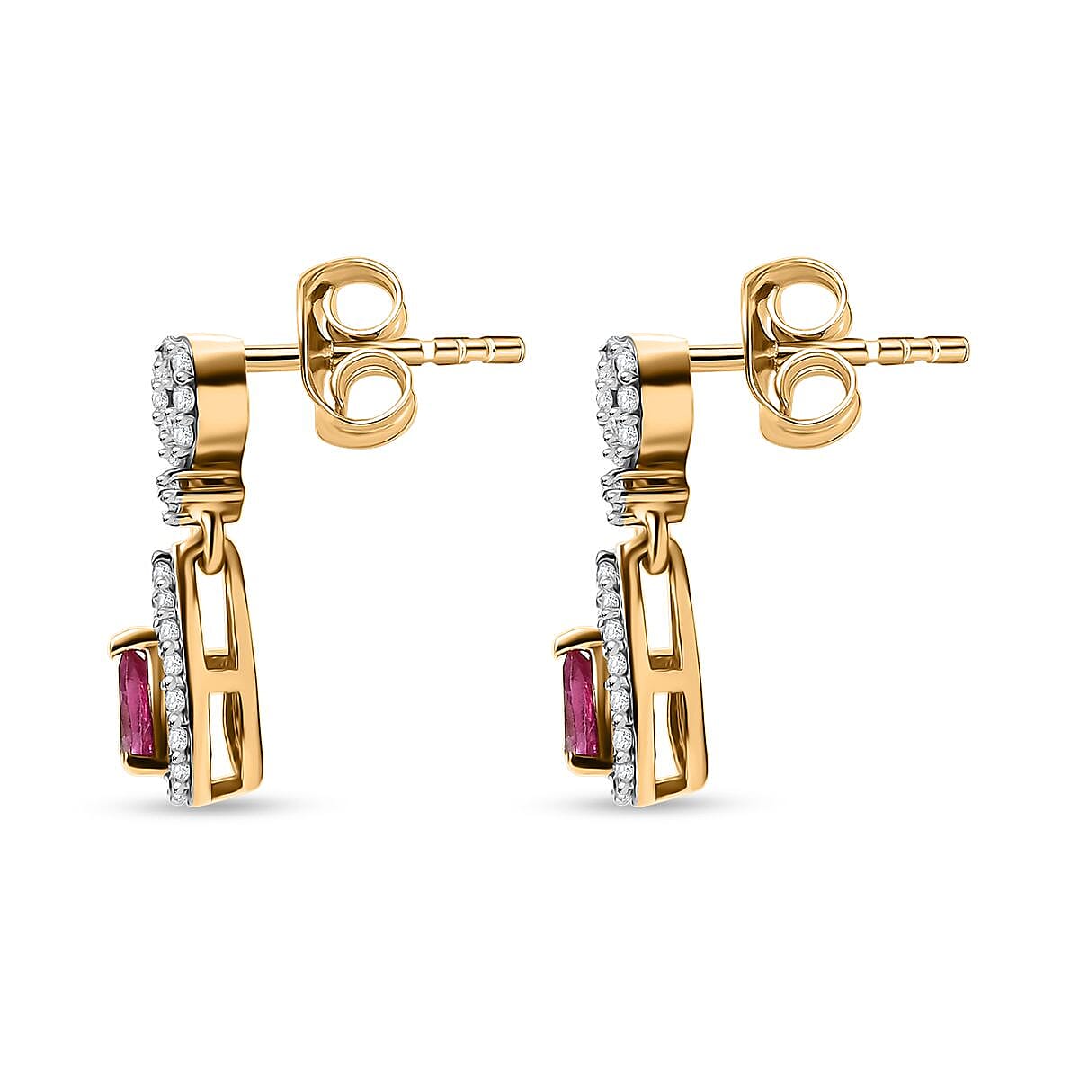 Natural Unheated Ruby & White Zircon Dangling Push Back Earring in 18K Vermeil Yellow Gold Plated Sterling Silver