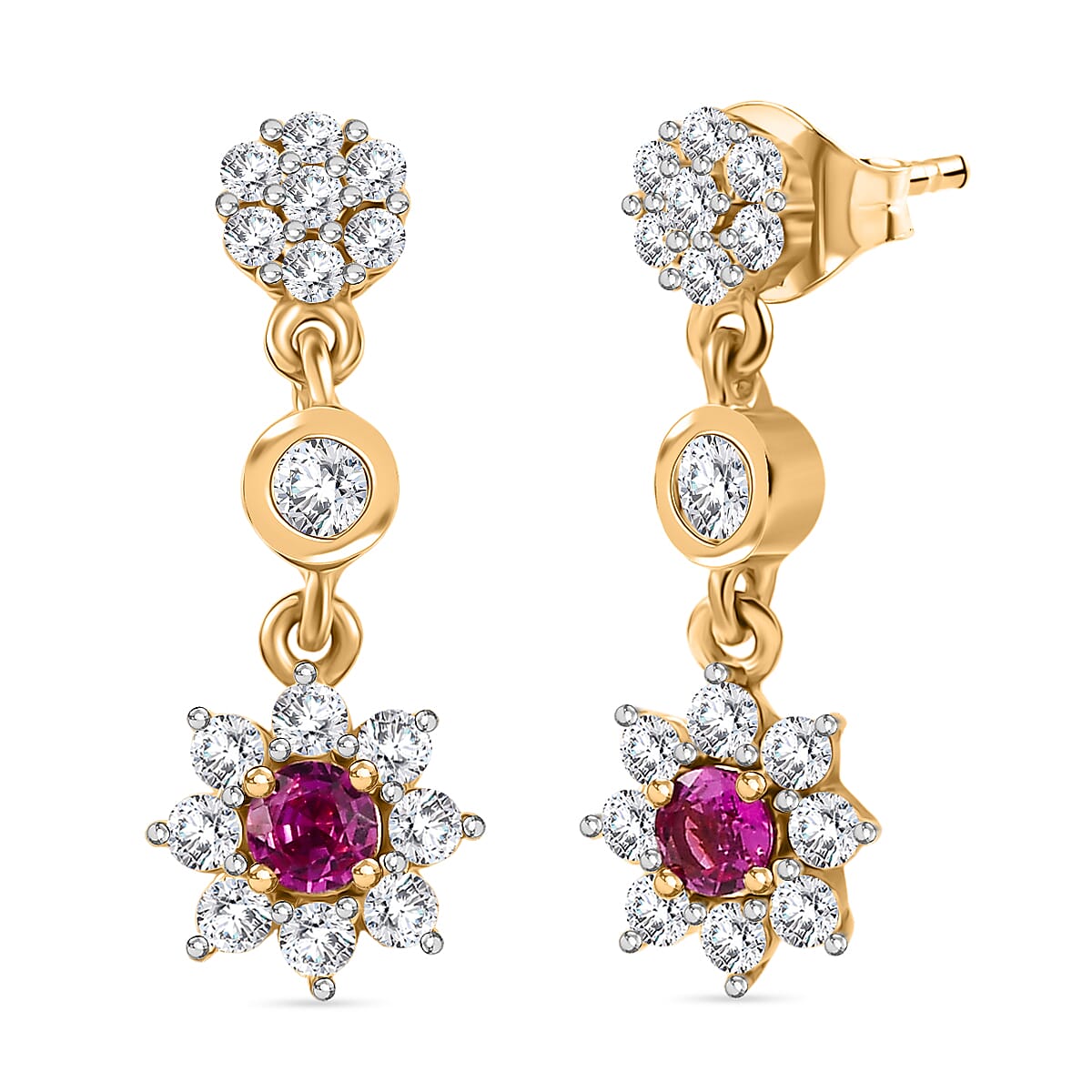 Natural Unheated Ruby & White Zircon Dangling Push Back Earring in 18K Vermeil Yellow Gold Plated Sterling Silver 1.24 Ct.