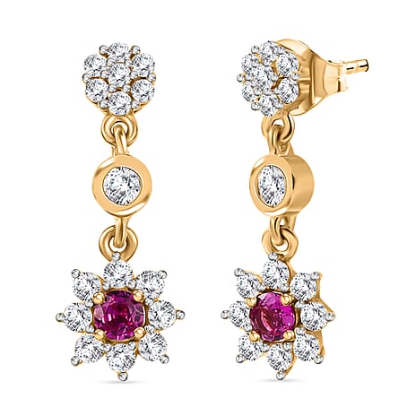 Ruby, White Zircon Dangling Earring in 18K YG VermeilSterling Silver  1.320  Ct.