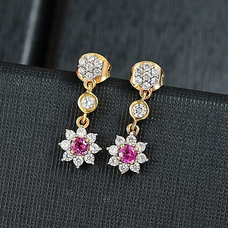 Ruby, White Zircon Dangling Earring in 18K YG VermeilSterling Silver  1.320  Ct.