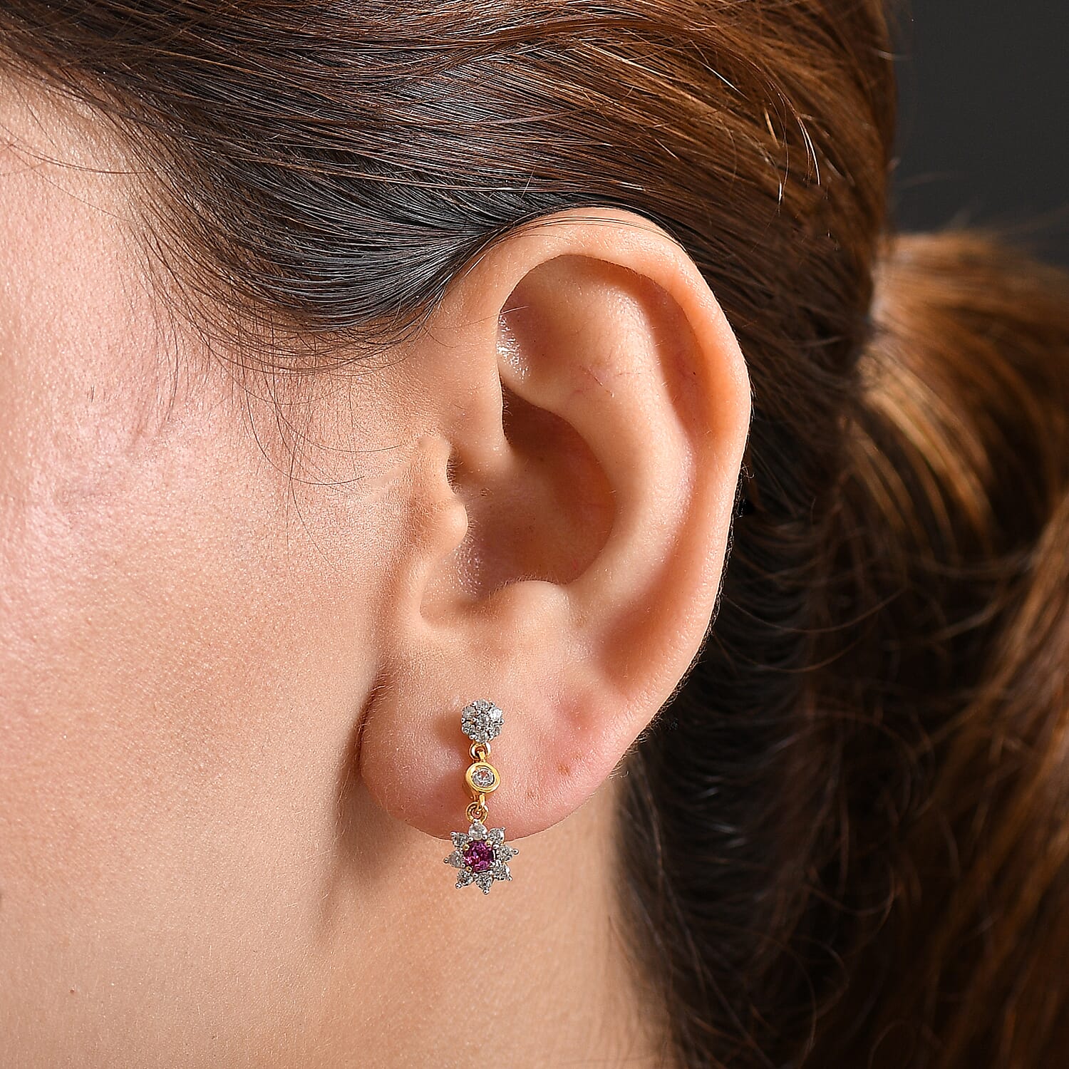 Natural Unheated Ruby & White Zircon Dangling Push Back Earring in 18K Vermeil Yellow Gold Plated Sterling Silver 1.24 Ct.