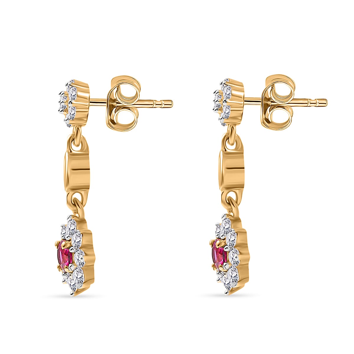 Natural Unheated Ruby & White Zircon Dangling Push Back Earring in 18K Vermeil Yellow Gold Plated Sterling Silver 1.24 Ct.