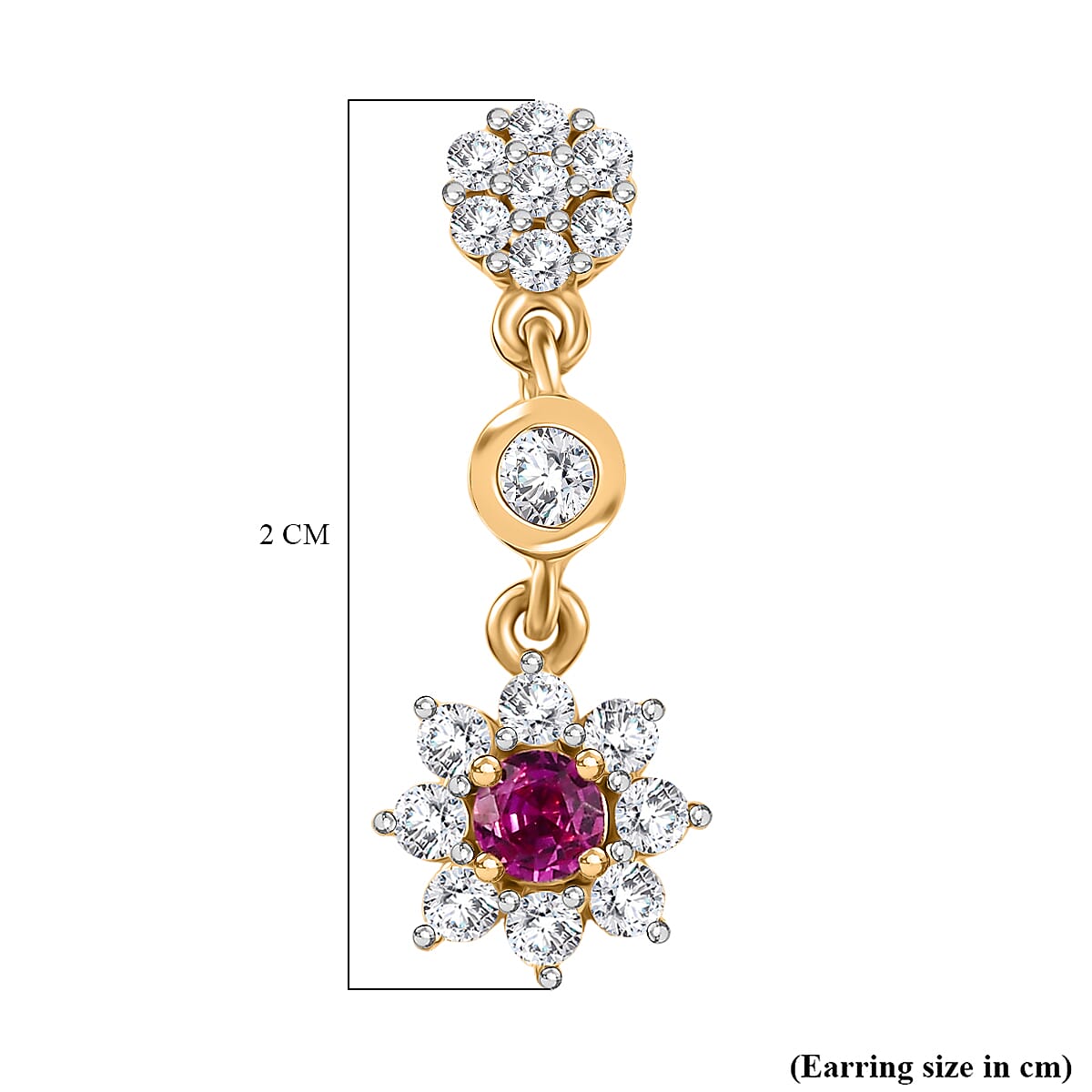 Natural Unheated Ruby & White Zircon Dangling Push Back Earring in 18K Vermeil Yellow Gold Plated Sterling Silver 1.24 Ct.