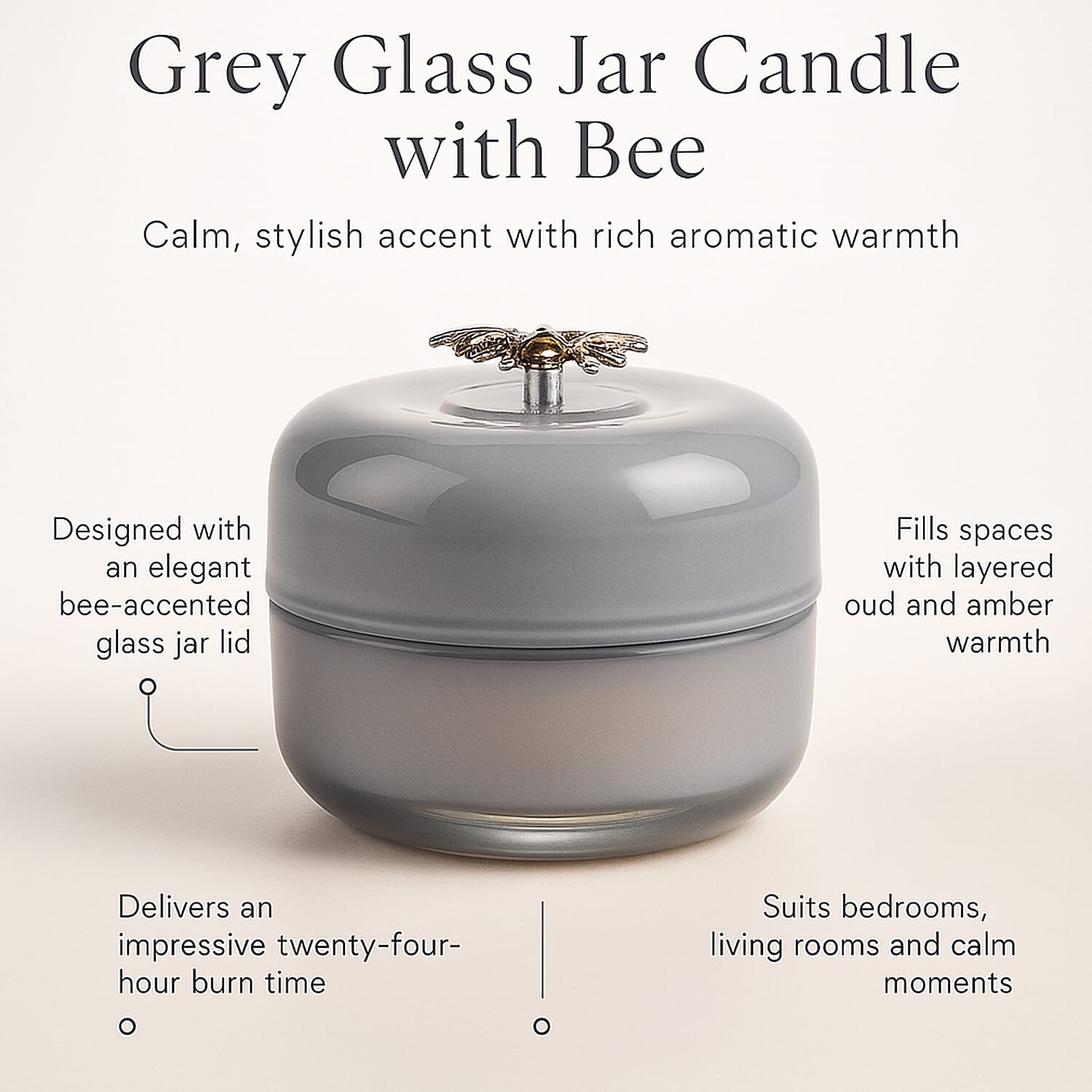 Glass Jar Candle with Bee 120g and 24hr Burn Time (Jasmine and Neroli) - Grey