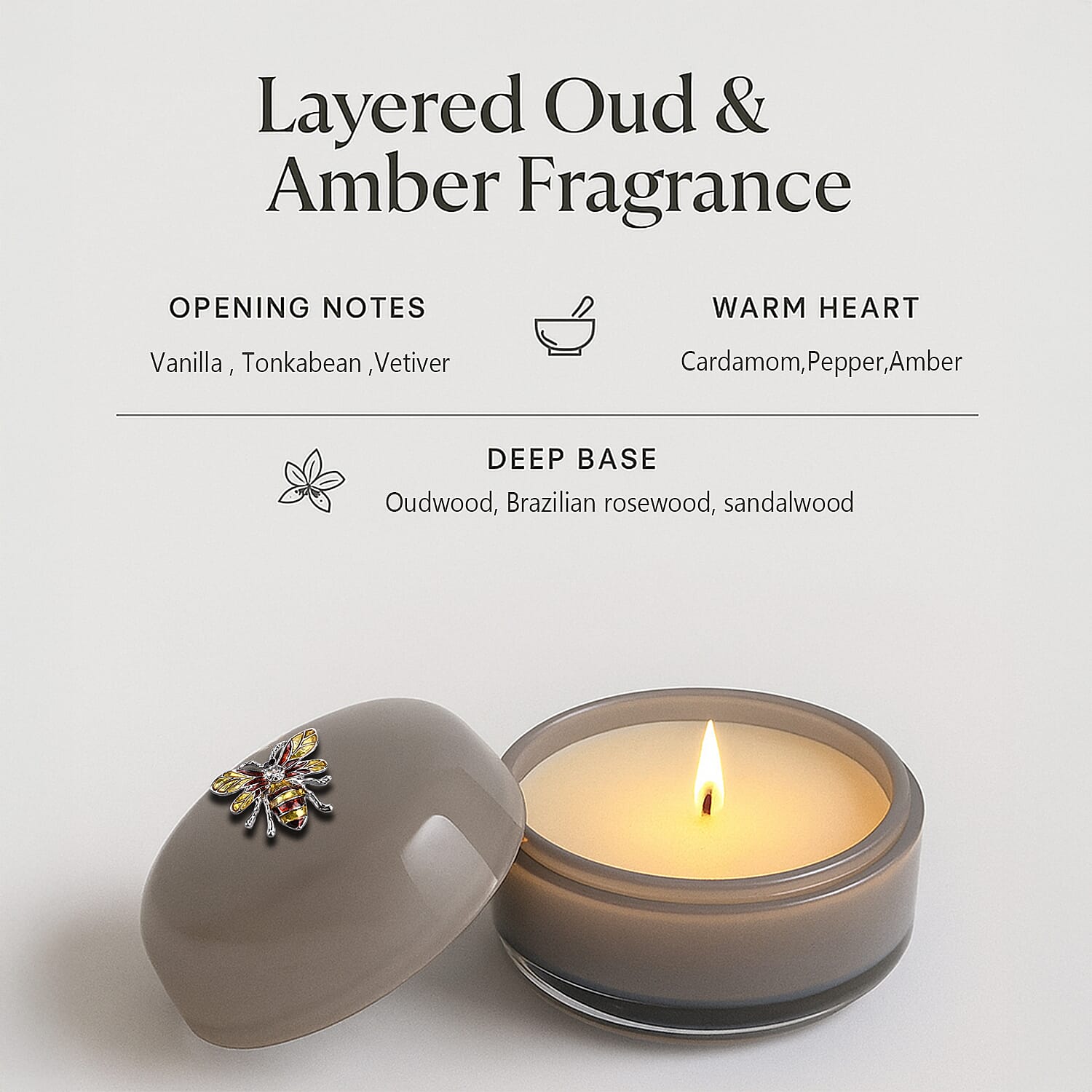 Glass Jar Candle with Bee 120g and 24hr Burn Time (Jasmine and Neroli) - Grey