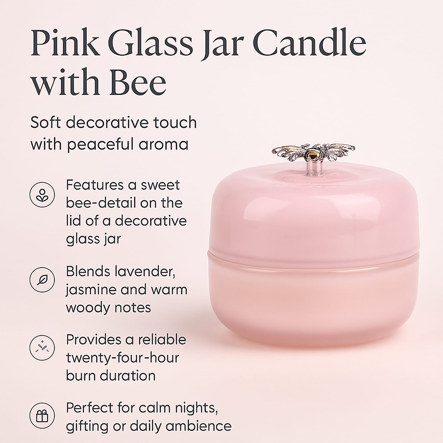Glass Jar Candle with Bee 120g and 24hr Burn Time (Jasmine and Lavender) - Pink