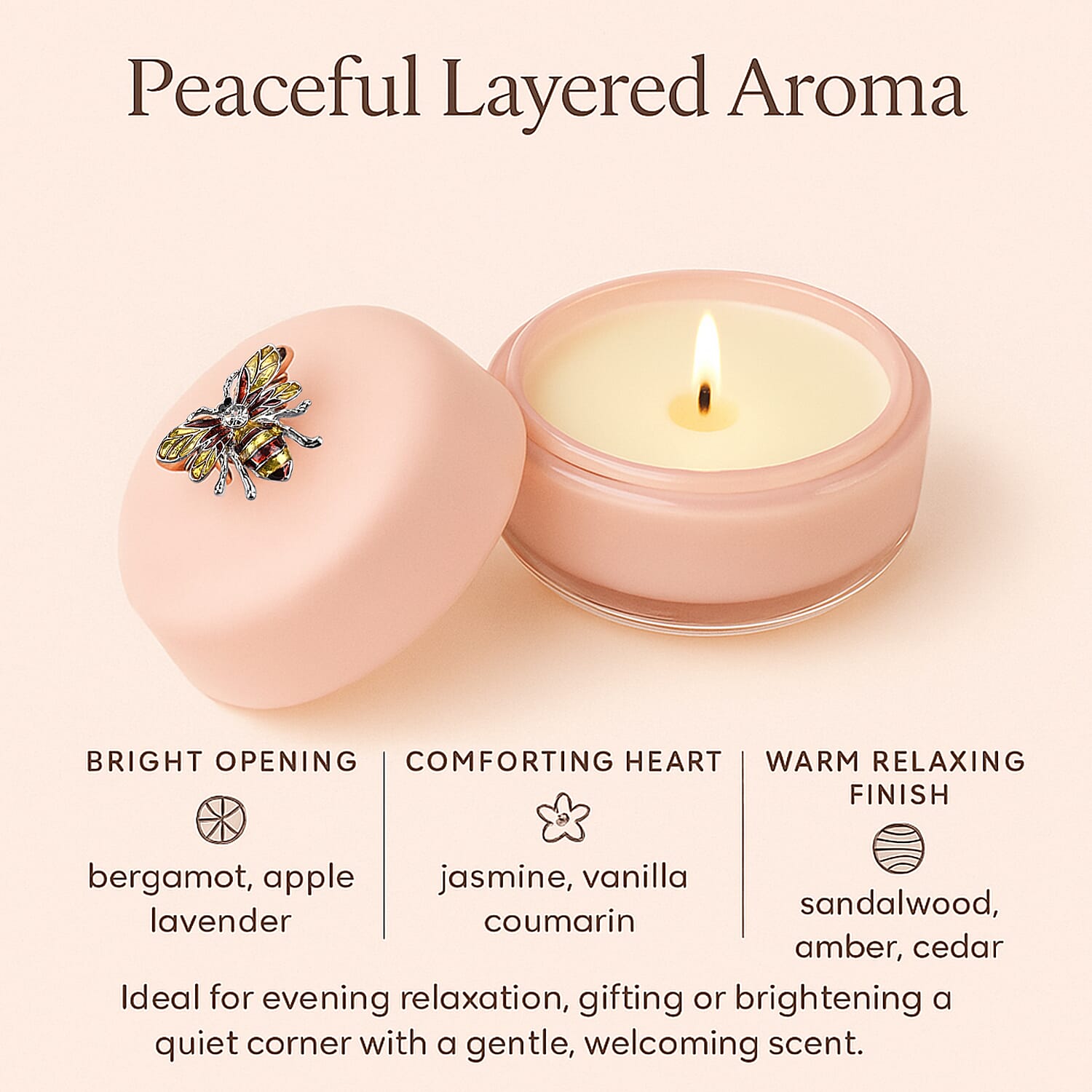 Glass Jar Candle with Bee 120g and 24hr Burn Time (Jasmine and Lavender) - Pink