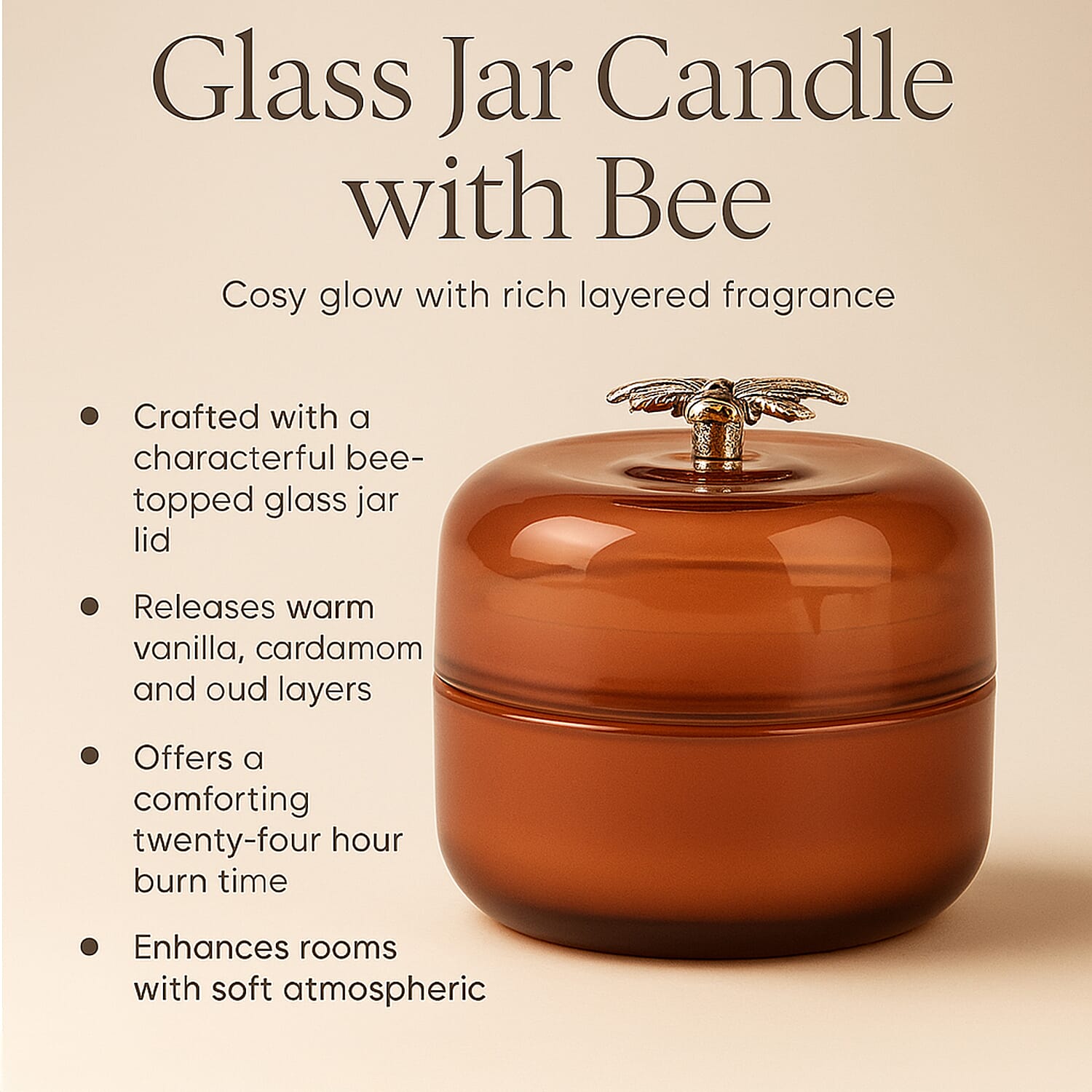 Glass Jar Candle with Bee 120g and 24hr Burn Time (Oud Wood) - Caramel