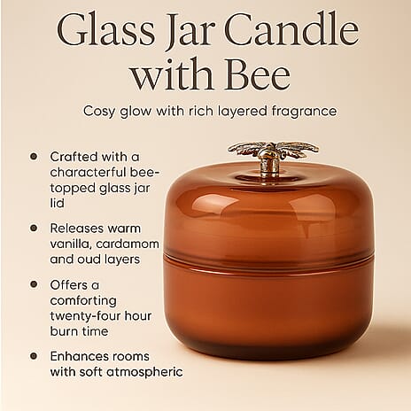 Glass Jar Candle with Bee 120g and 24hr Burn Time (Oud Wood) - Caramel