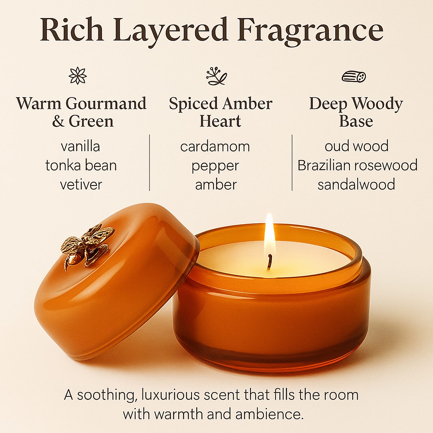 Glass Jar Candle with Bee 120g and 24hr Burn Time (Oud Wood) - Caramel