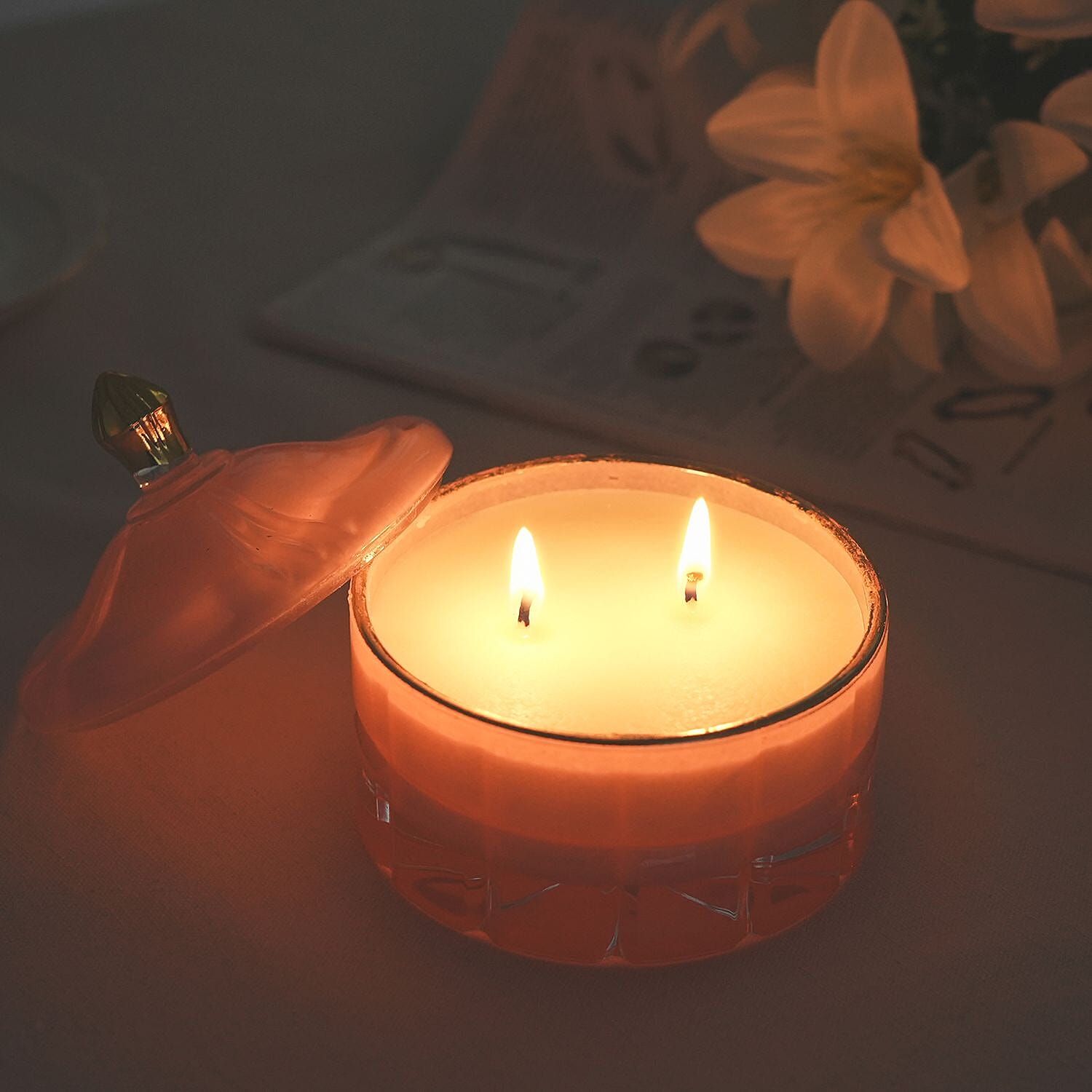 Aroma Glow Glass Jar Candles Jasmine and Neroli Scent (150g) (28hr Burn Time) - Pink