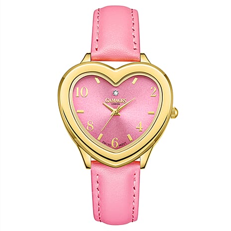 Gamages Of London Endearing Diamond Swiss Quartz Movement 3ATM Water Resistant Gold & Pink Heart Dial Womens Watch with Pink Leather Strap