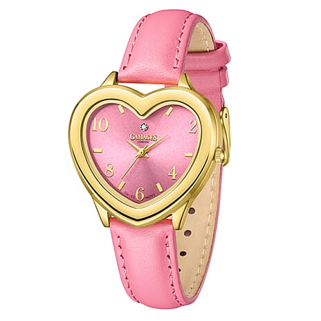 Gamages Of London Endearing Diamond Swiss Quartz Movement 3ATM Water Resistant Gold & Pink Heart Dial Womens Watch with Pink Leather Strap