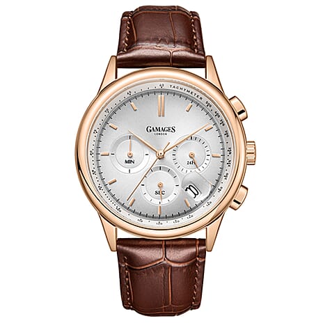 GAMAGES OF LONDON Imperium Mechanical Japan VK63 Movement 3ATM WR Rose & White Oil-Pressed Dial Mens Watch with Brown Leather Strap