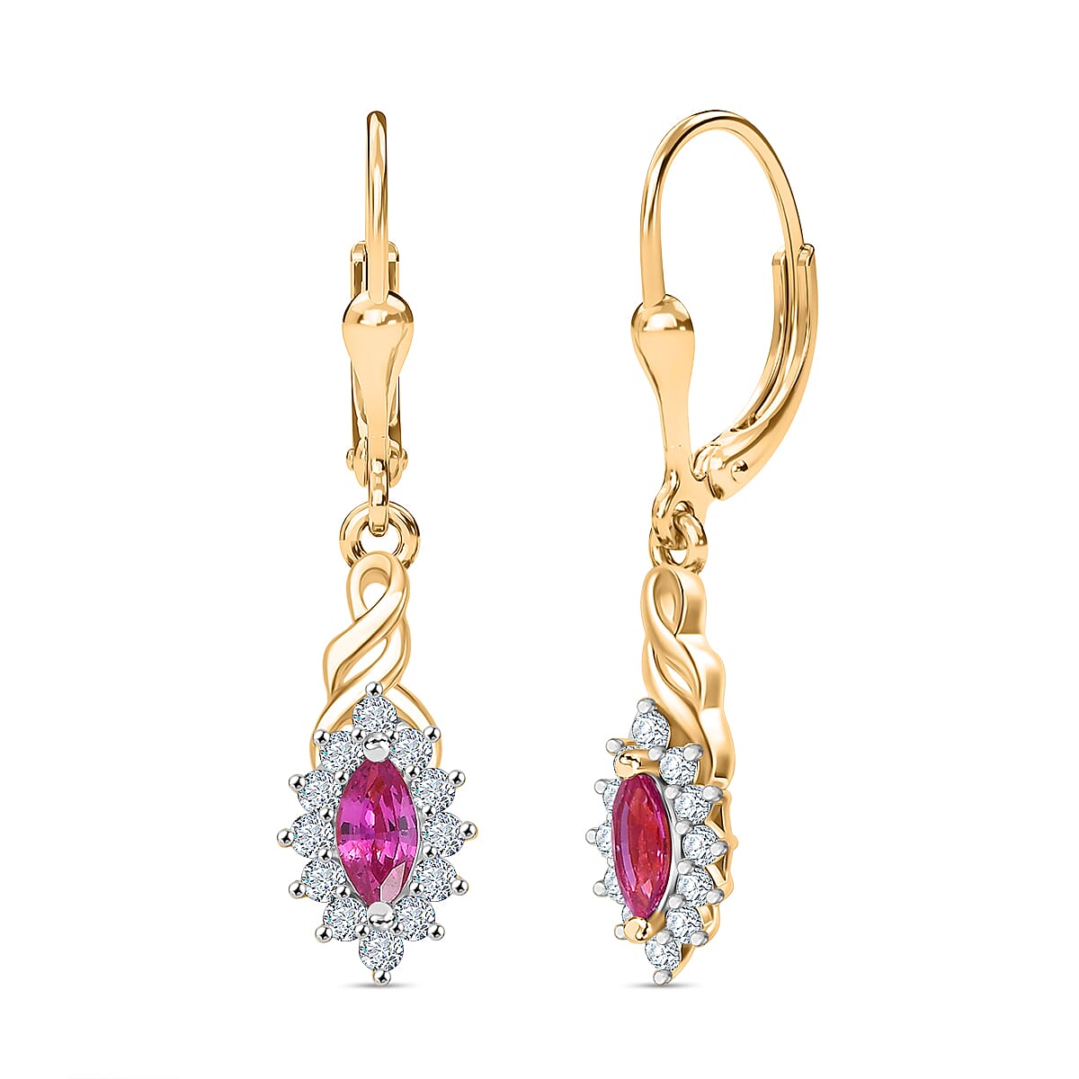 Natural Unheated Ruby & White Zircon Solitaire Lever Back Earring in 18K Vermeil Yellow Gold Plated Sterling Silver 1.08 Ct.